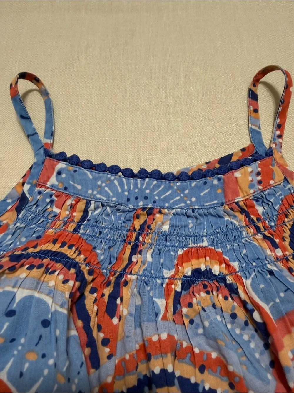 Old Navy Blue Multicolor Arc-Print Sundress with Smocking & Brick Brack Trim, 4T